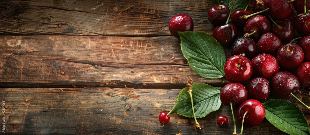 Poster fresh ripe cherries with leaves piled on a textured wooden background create a copy space image for 