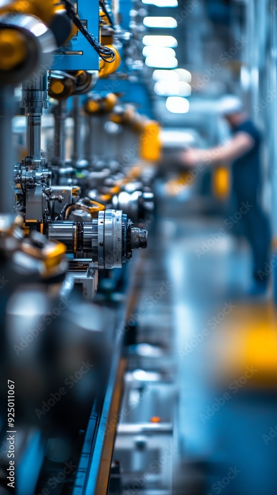 Poster industrial machinery in a factory setting with focus on metal components and blurred background high