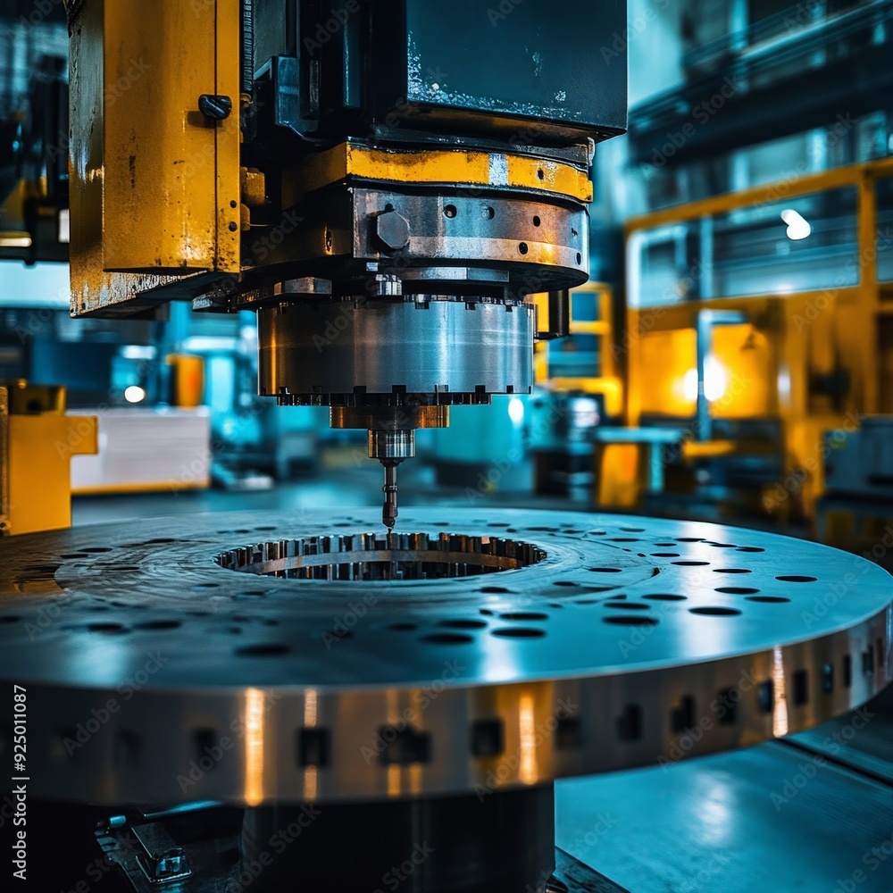 Poster industrial machinery in a illuminated factory environment, focusing on precision engineering and man