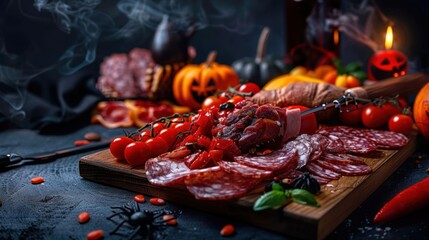 A table with a variety of meats and vegetables, including pepperoni, salami