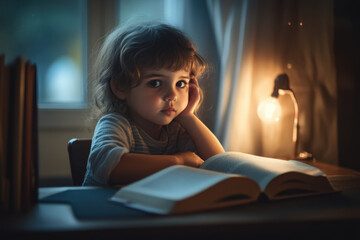 Young student is feeling frustrated while trying to read a challenging book under a desk lamp