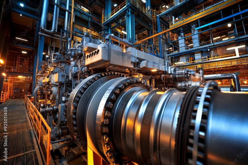 Poster industrial machinery in a modern factory with complex mechanical components and advanced technology.