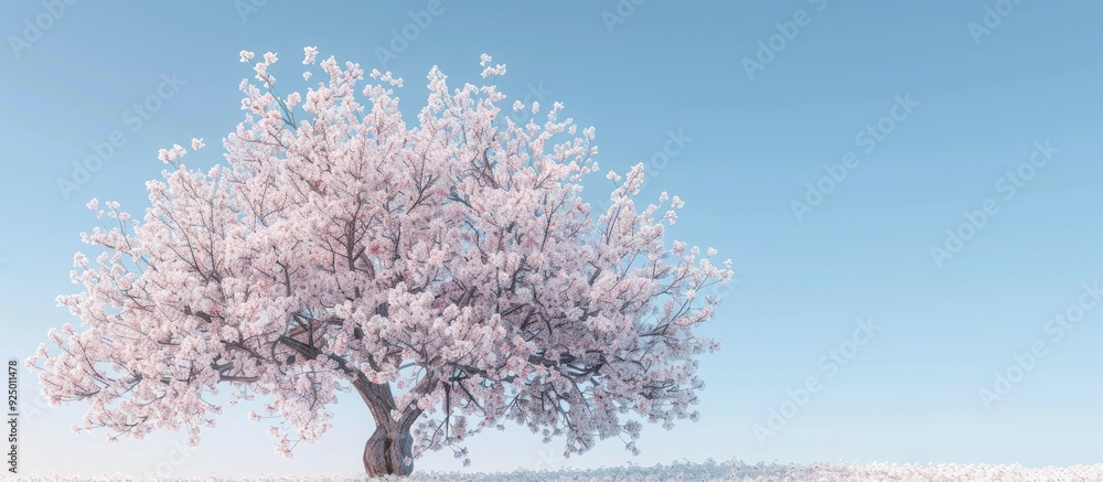 Poster an almond tree in full bloom set against a clear blue sky providing a springtime backdrop with room 
