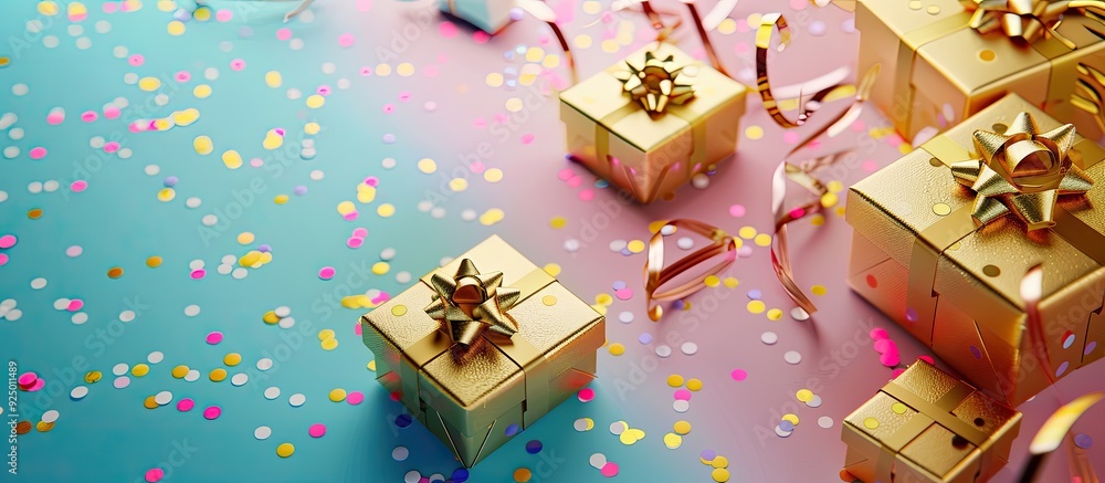 Aufkleber top view of golden gift boxes and confetti on a colorful background with copy space image