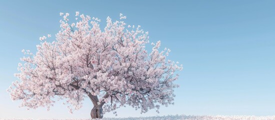 An almond tree in full bloom set against a clear blue sky providing a springtime backdrop with room for additional image or text