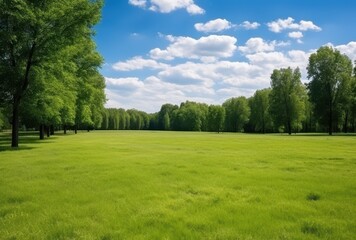 Obraz premium Lush Green Field with Trees and a Blue Sky with Clouds