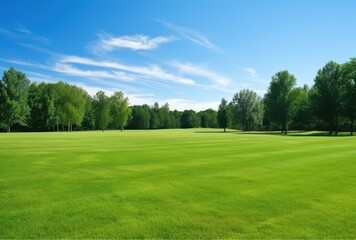 Obraz premium Lush Green Field with Trees and a Blue Sky