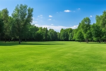 Obraz premium Lush Green Meadow Surrounded by Trees Under a Blue Sky