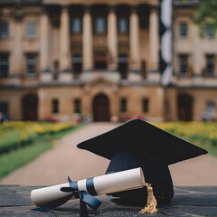 Graduation cap and diploma placed on table in front of historic university building, symbolizing academic achievement and graduation.