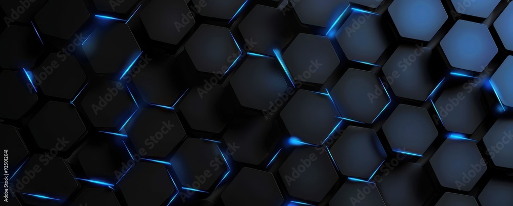 Poster abstract black and blue hexagonal pattern with glowing edges