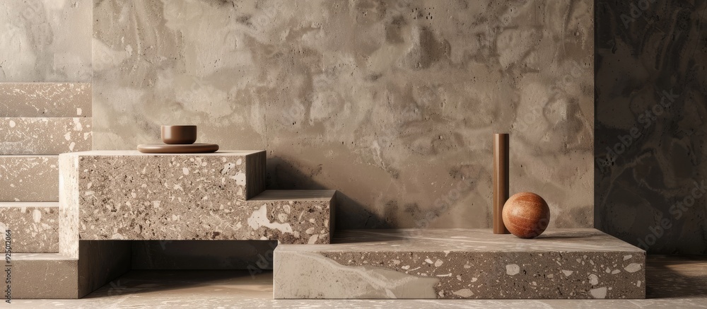 Poster use brown stones on podium for displaying products with copy space image