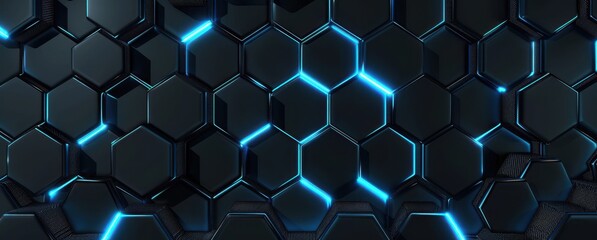 Fototapeta premium Abstract Black Hexagonal Pattern with Blue Neon Lights