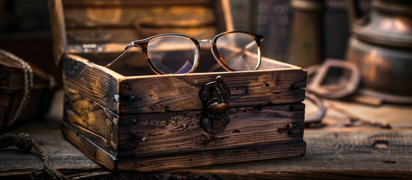 Handmade glasses are elegantly stacked in a rustic wooden box with a rustic background providing ample copy space image