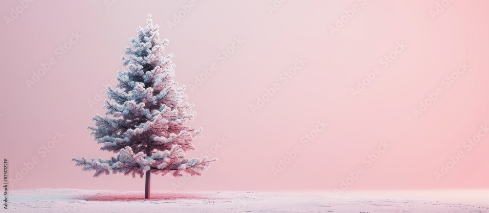 Poster minimal christmas tree concept displayed on a soft pink pastel background with space for copy image.
