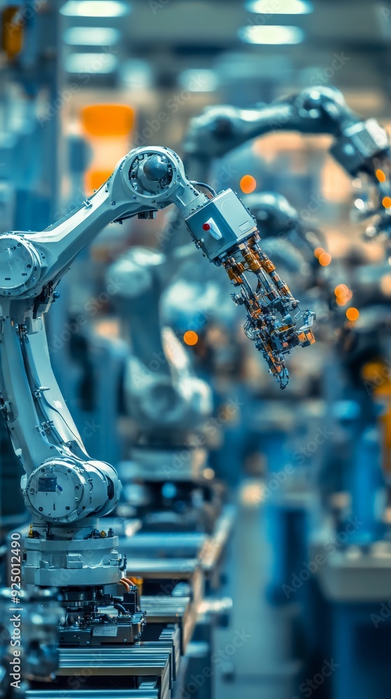 Poster industrial robotic arms in an automated assembly line. technology, innovation, and precision in mode