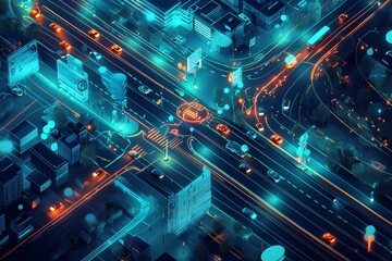 Fototapeta premium An urban control center managing a smart city's traffic flow, with AI analyzing traffic data, cloud systems predicting congestion, and automated decisions adjusting traffic signals and public transpor