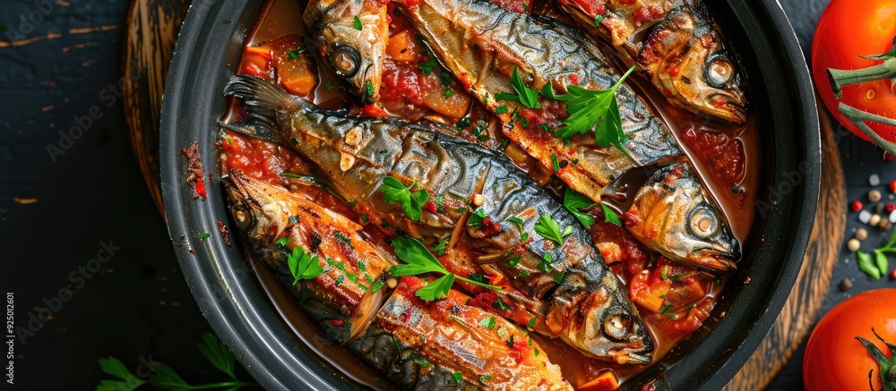 Poster a top down view of sardines cooked in tomato sauce with spices ideal for lunch or dinner fitting int