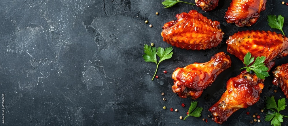 Poster chicken wings displayed against a dark backdrop with copy space image