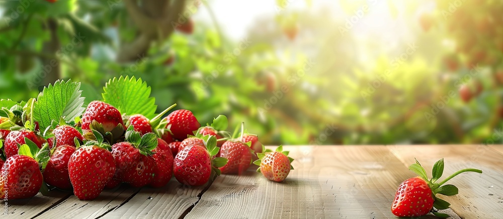 Poster summertime strawberries on a bright table with a background for adding text or graphics in a high qu
