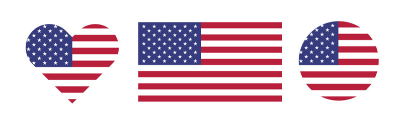 USA flag. American flag in a heart and in a circle shapes. Flat vector illustration isolated on white background © Darya