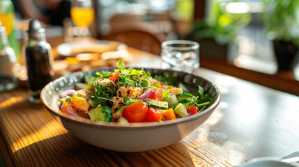 Lebanese fattoush salad on dining table in restaurant