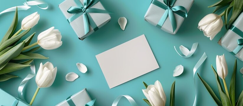 Turquoise background with gift boxes white tulips and a blank card for a copy space image