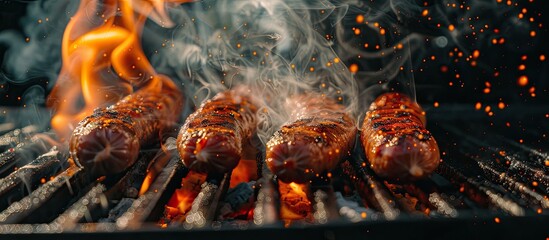 Selective focus highlighting grilled sausages on a grill with smoke, flames, and a dark background in a copy space image.