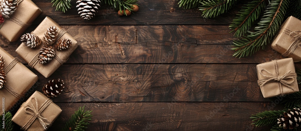 Poster christmas gift boxes arranged on a wooden background framed by pine cones creating a festive display