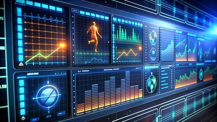 Futuristic Sports Analytics Dashboard, Player Performance Metrics, High-Tech Sports Visualization
