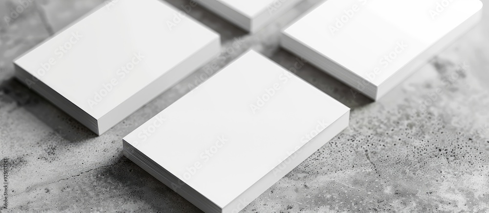Poster closeup of blank business cards on a textured light grey table suitable for design mockup with copy 