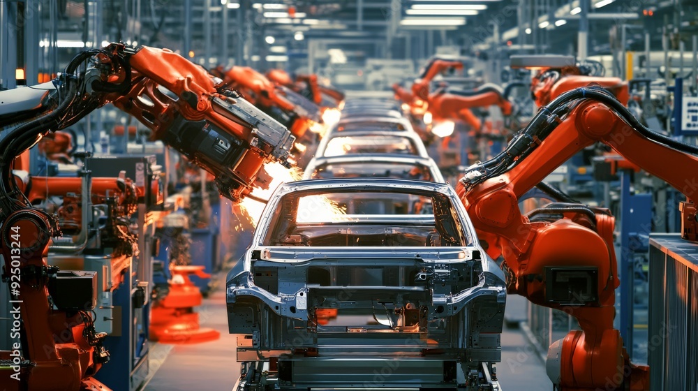 Poster industrial robots assembling car frames in an automated manufacturing factory, showcasing modern tec