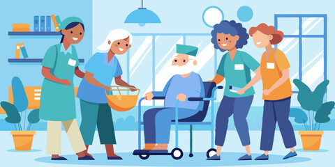 Care for the elderly. Nurses help and care for the health of older men and women in a nursing home or hospital. Vector illustration
