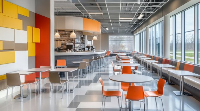 A contemporary cafe features vibrant orange and gray furniture, large windows letting in natural light, and a stylish counter area, creating an inviting atmosphere for customers.