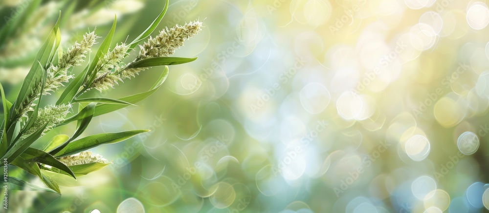 Poster macro shot of a wild grass flower with green leaves on the left side set against a blurred backgroun