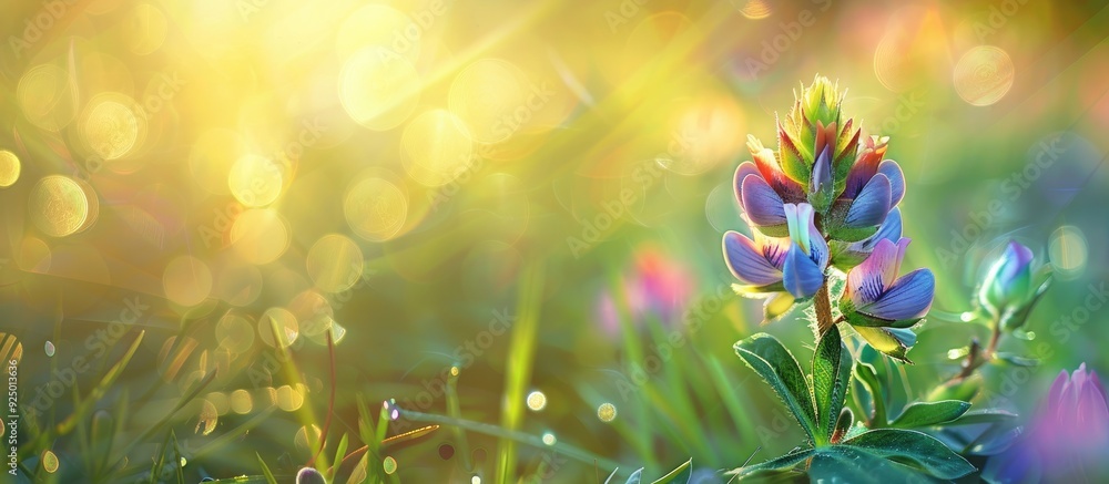 Poster A colorful wildflower in full bloom with intricate details showcased set against a blurred green grass background on a copy space image