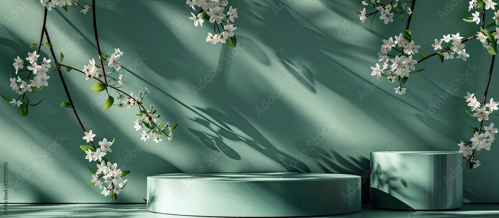 Poster green background with shadows adorned with decorative podiums and blossoming branches ideal for copy