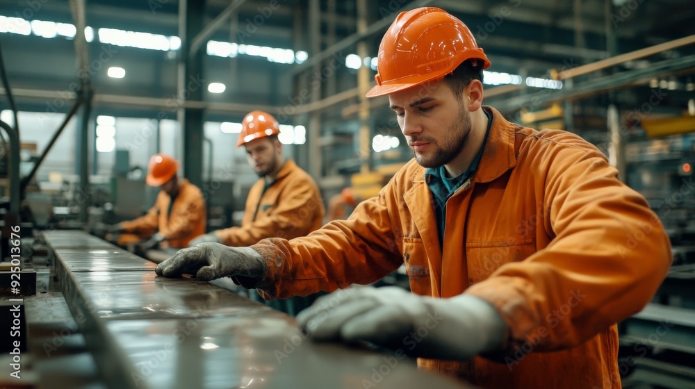 Poster industry workers in protective gear and helmets focused on operating machinery in a factory setting,