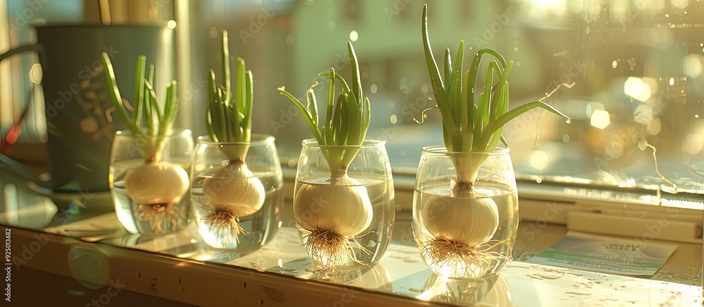 Poster several onions have sprouted in glasses of water on a windowsill providing a suitable area for addin