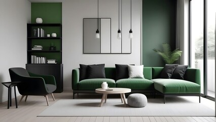 Minimal beautiful interior of living room with black white and green tone, stunning cozy living room home decoration, contemporary style design