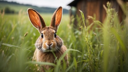 Fototapeta premium Shy rabbit peeking out from behind tall grass, twitching nose, rural countryside setting.