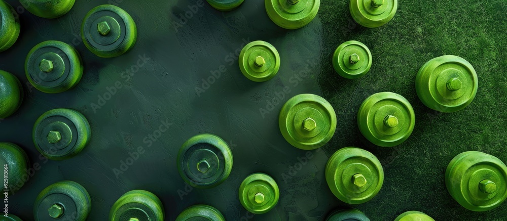 Poster a stunning high resolution image of arranged green dumbbells from a top view with ample copy space f
