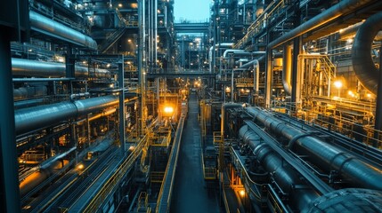 Fototapeta premium Intricate industrial factory interior with complex network of pipes, lights, and machinery, illustrating modern engineering and technology.