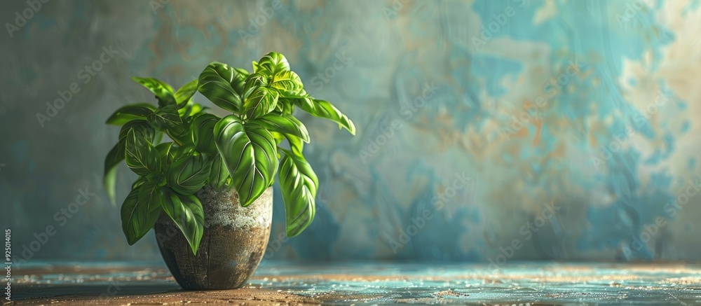 Poster A basil plant with fresh organic leaves on a textured surface symbolic of a vegan lifestyle part of home gardening in the kitchen with copy space image available