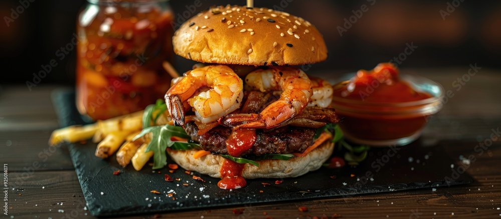 Aufkleber close up image of a burger with shrimp and meat arranged on a black napkin accompanied by a jar of r