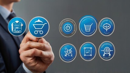 Fototapeta premium Person hold virtual cost and quality icons to Improve