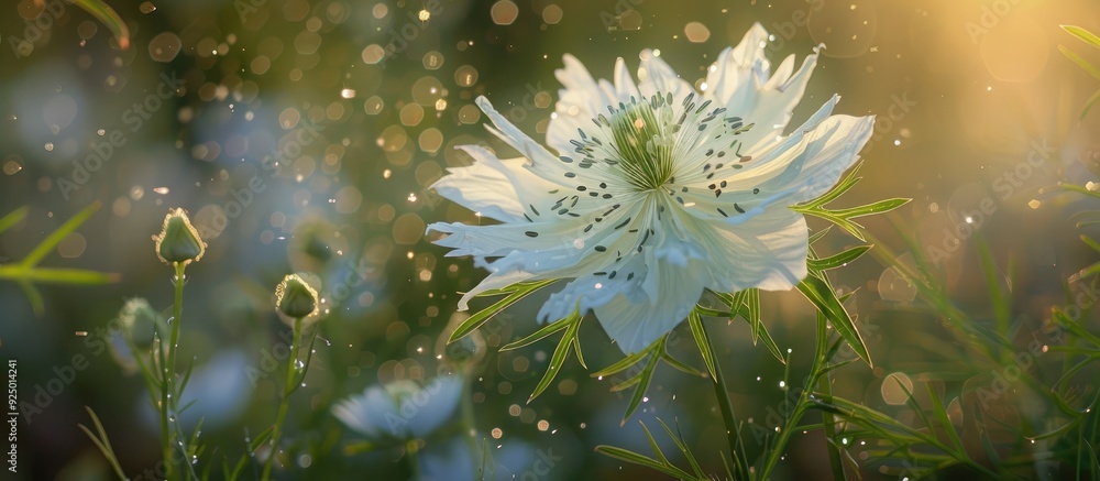 Sticker White love in a mist flower blossoming in a garden with copy space image