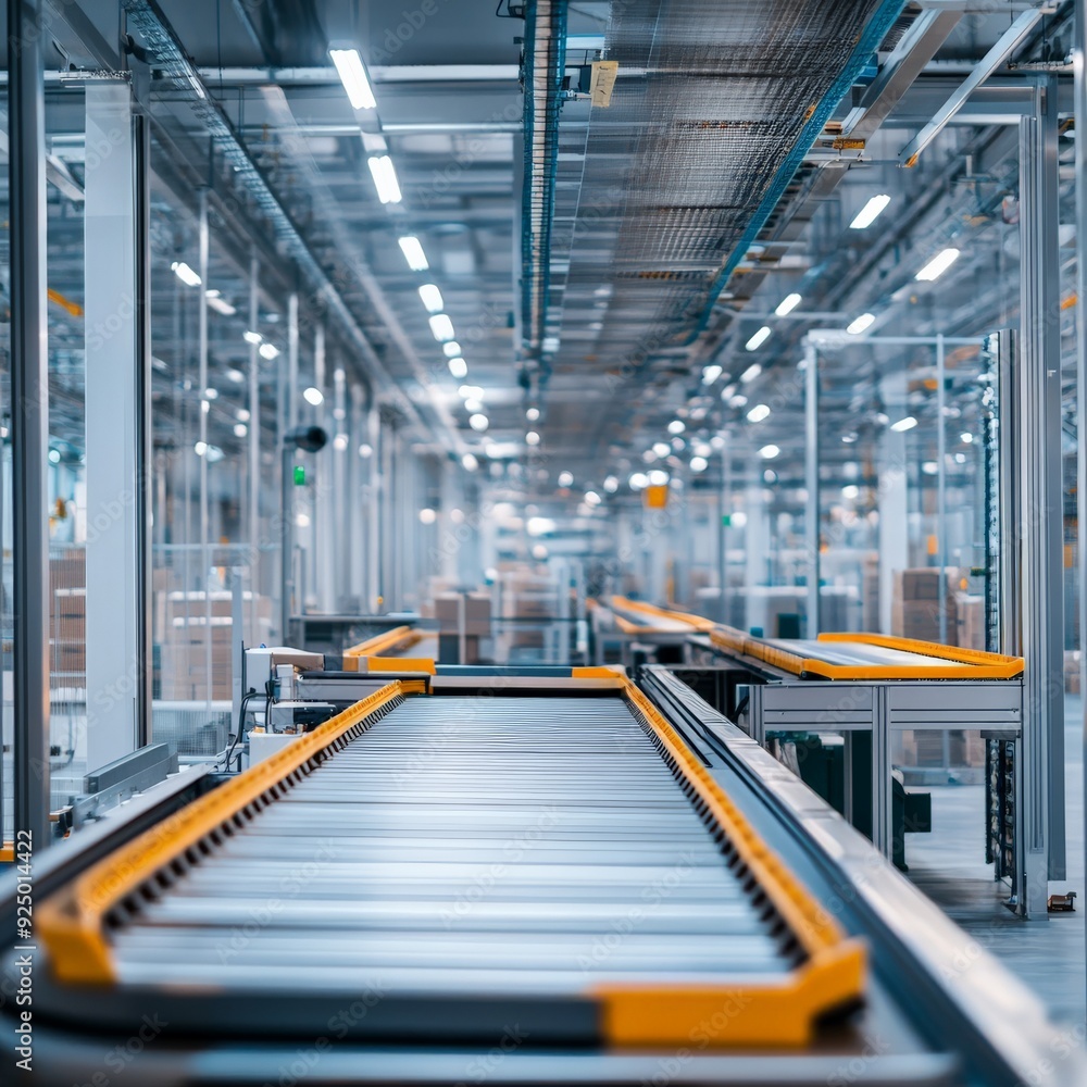 Poster modern automated conveyor system in a factory setting, highlighting efficiency in industrial product