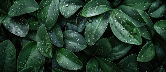 Fototapeta premium Lush green leaves covered in raindrops create an exquisite background for a copy space image
