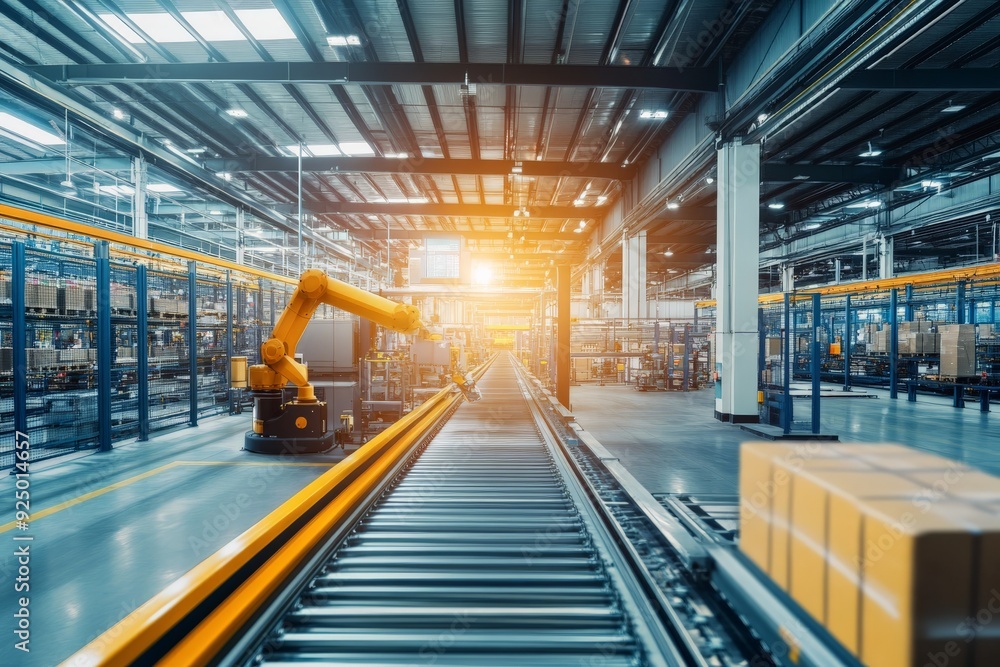Aufkleber modern automated industrial robotic arm in action on a conveyor belt in a warehouse setting with bri