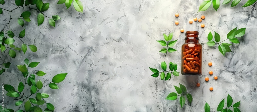 Poster top view of a bottle with pills and green leaves on a concrete background with copy space image